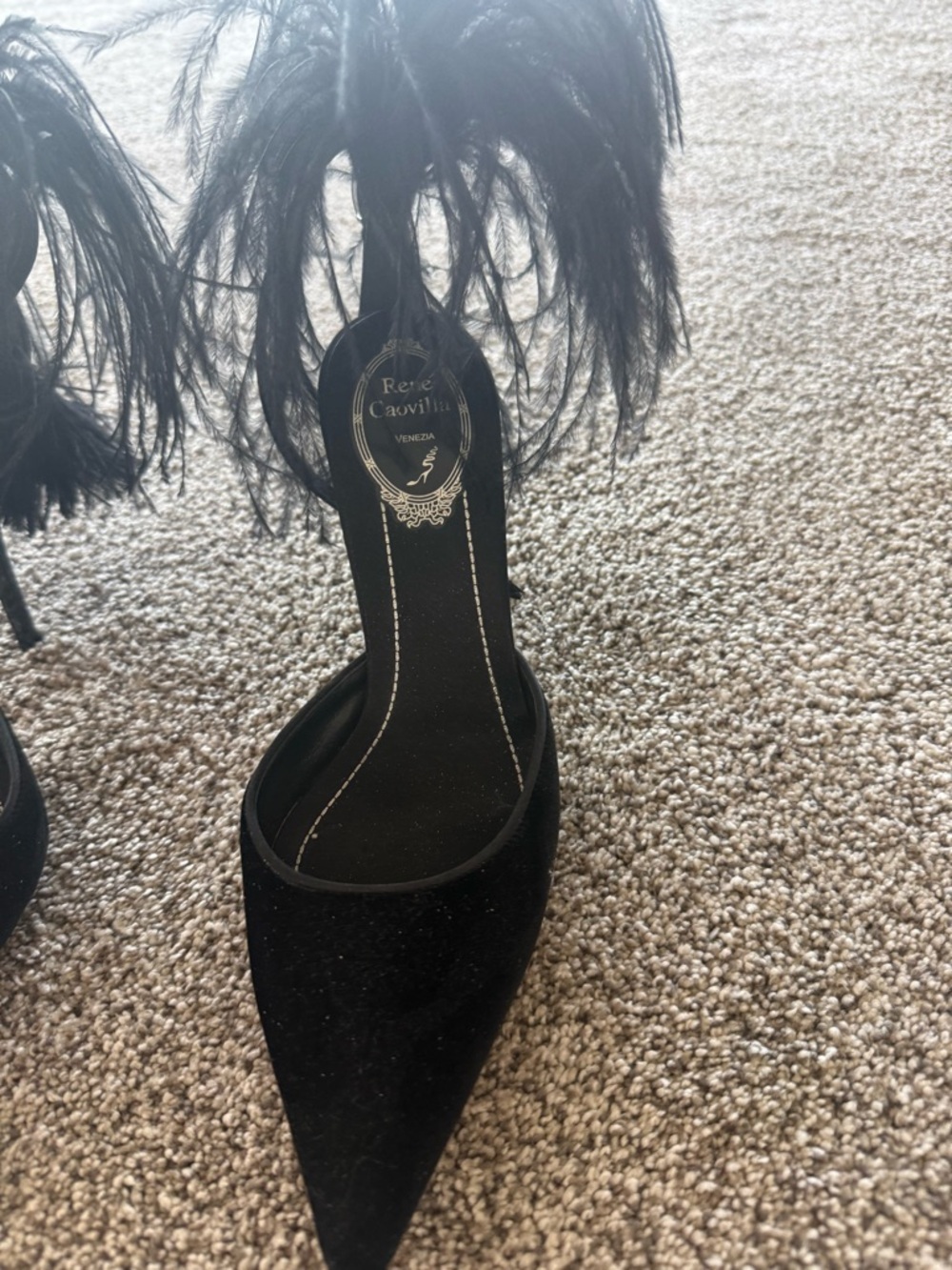 Rene Caovilla Black Feather Trim Pointed Toe Pumps